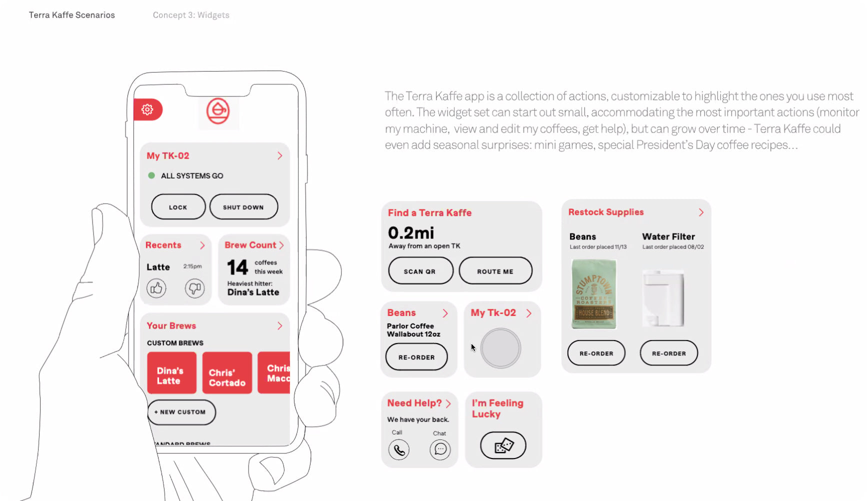 Terra Kaffe | Mock up designs of early TK-02 app screens