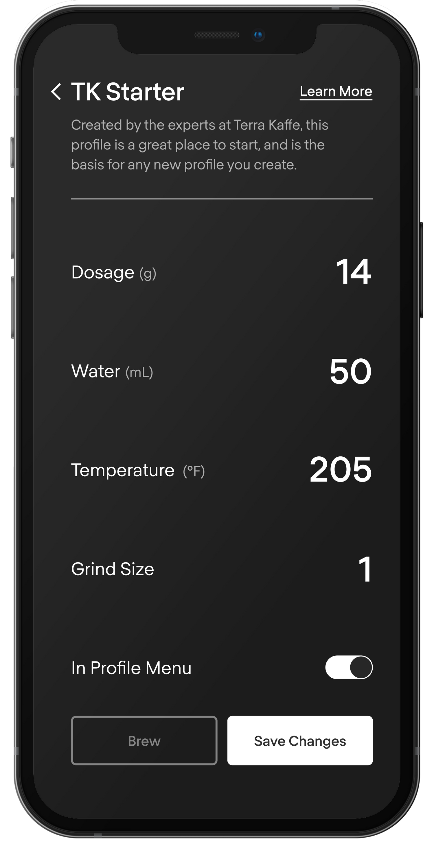 Terra Kaffe App espresso profile named “TK Starter”