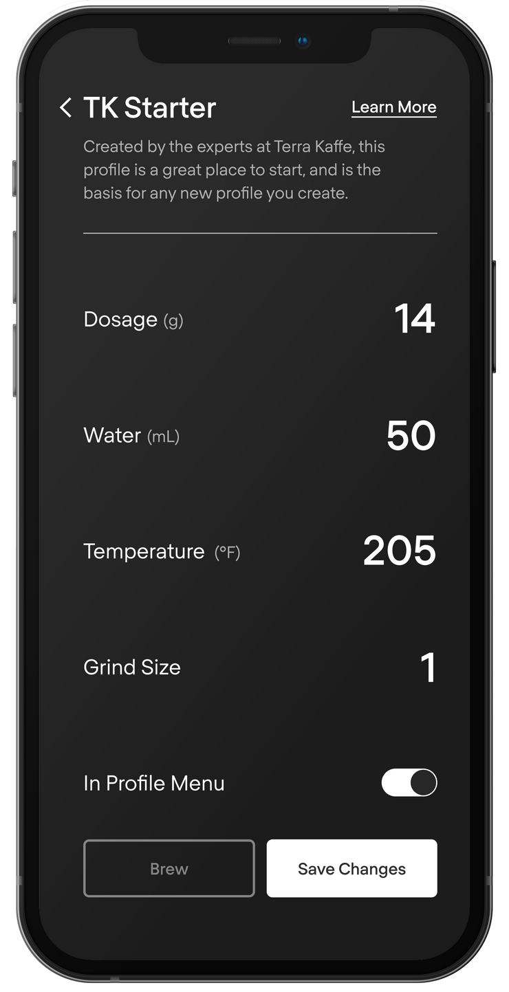Terra Kaffe App espresso profile named “TK Starter”
