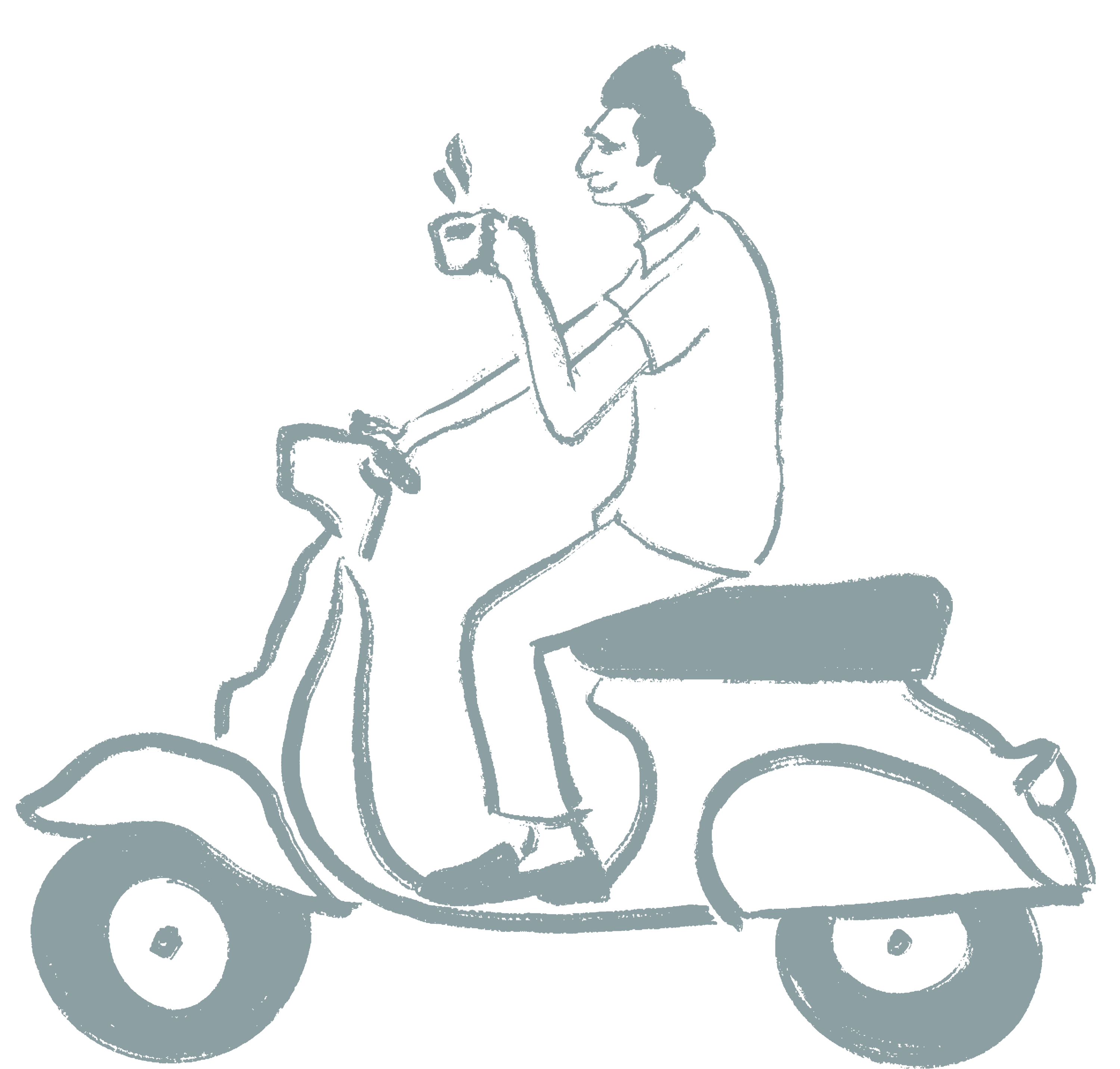 Terra Kaffe | Illustration of Kramer riding a vespa while drinking a coffee