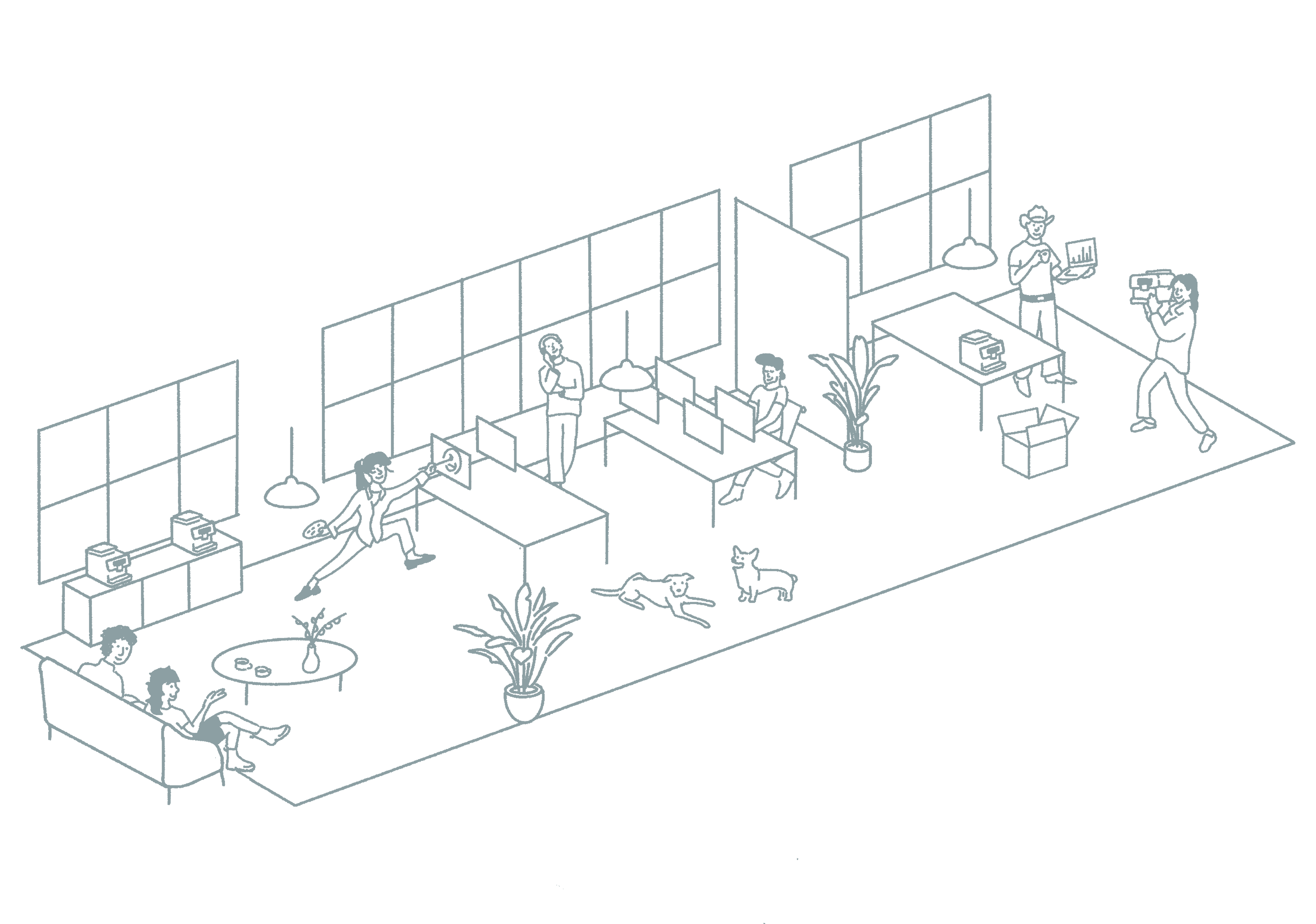Terra Kaffe | Illustration of Terra Kaffe office with workers and dogs