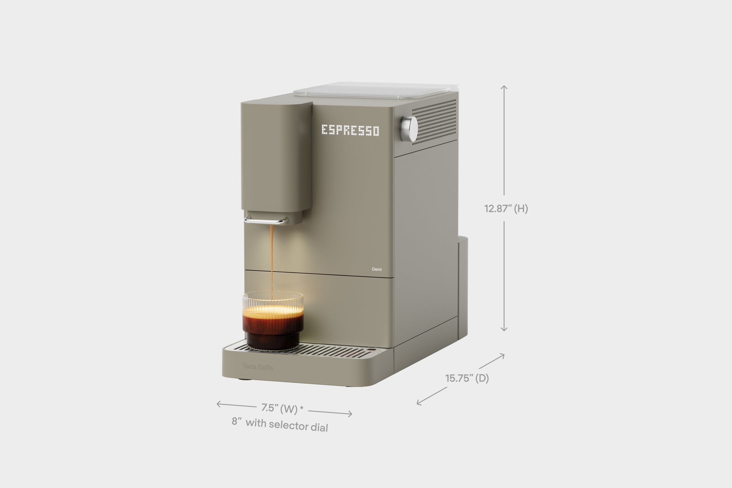 Dune colored Demi espresso machine with dimensions displayed on a white background