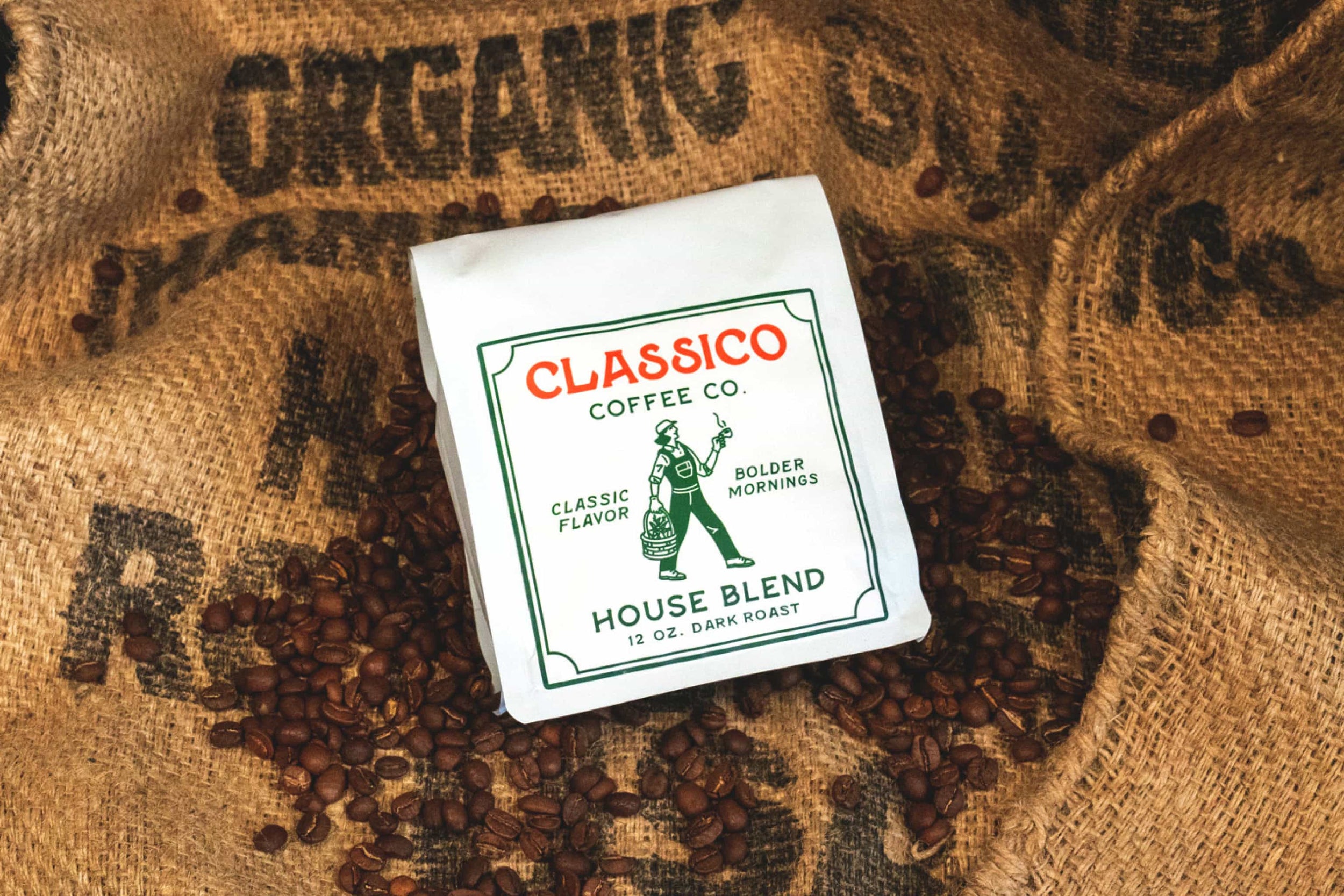 A picture of classico coffee on a darker background