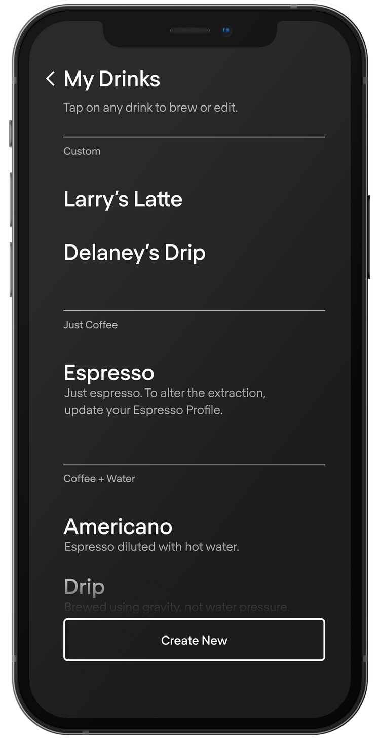 Terra Kaffe App screen of “My Drinks” featuring “Larry’s Latte” and “Delaney’s Drip”