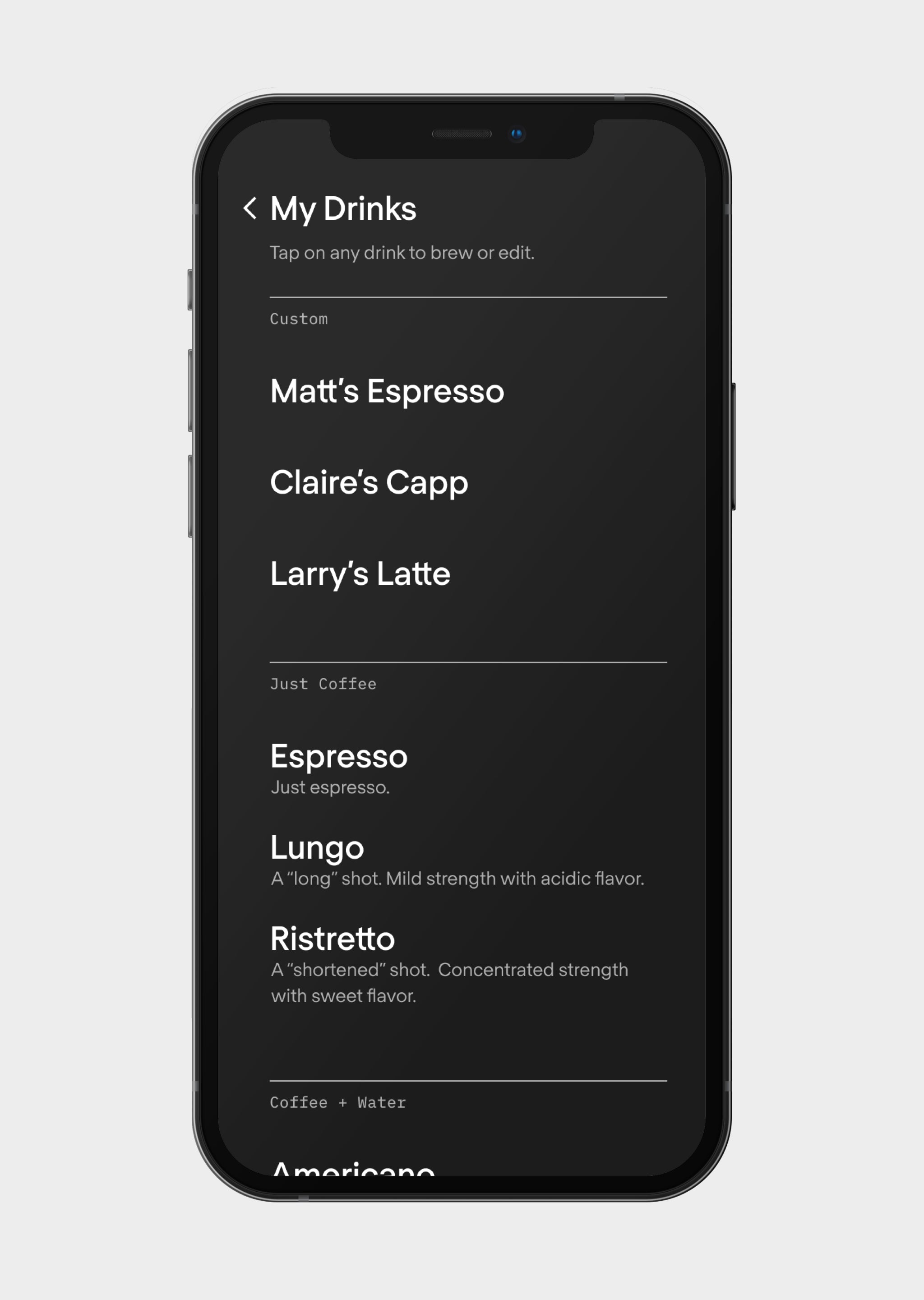 Terra Kaffe | TK-02 app drink menu screen