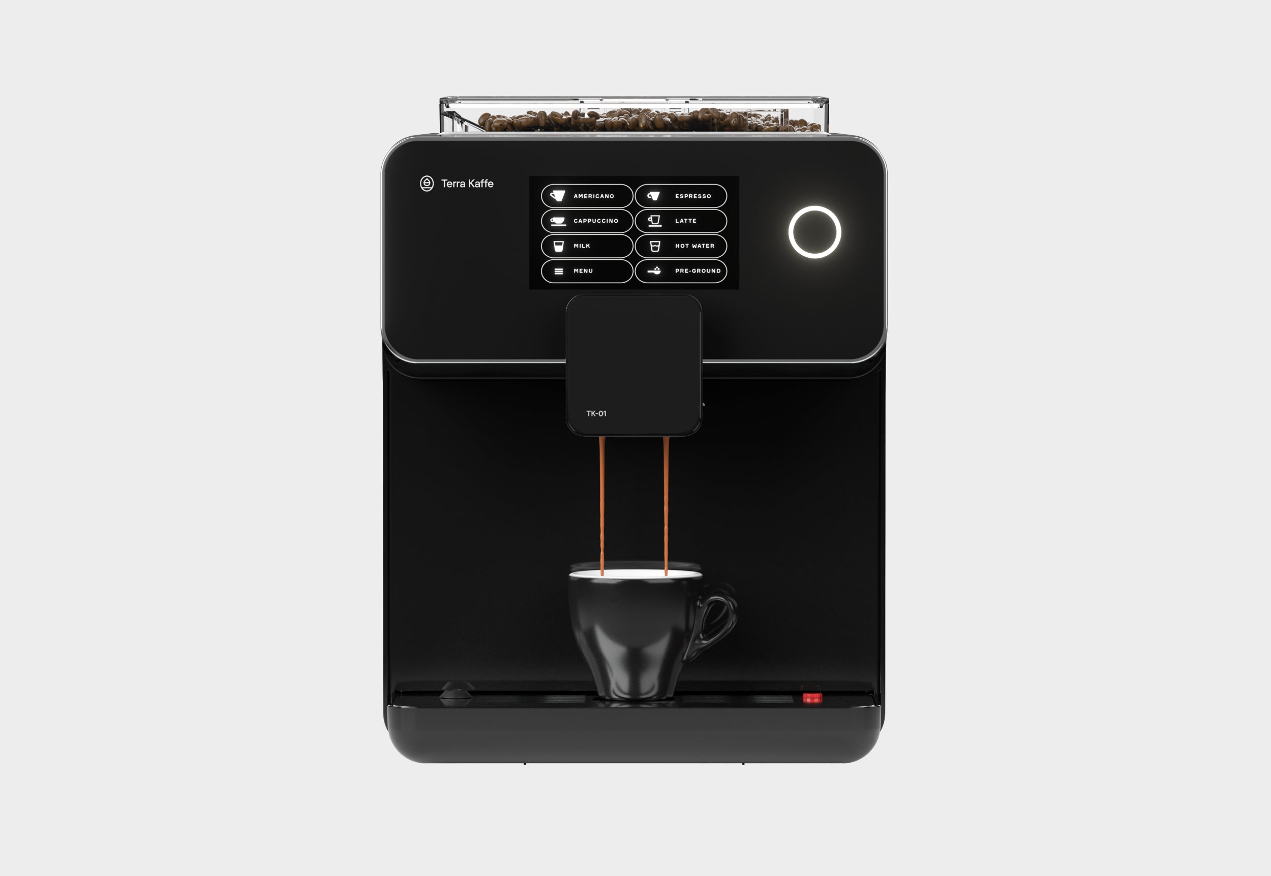 Terra Kaffe | Black TK-01 brewing coffee into a black mug