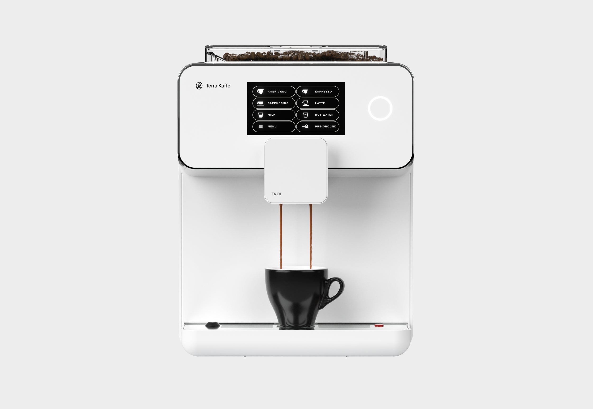 Terra Kaffe | White TK-01 brewing coffee into a black mug