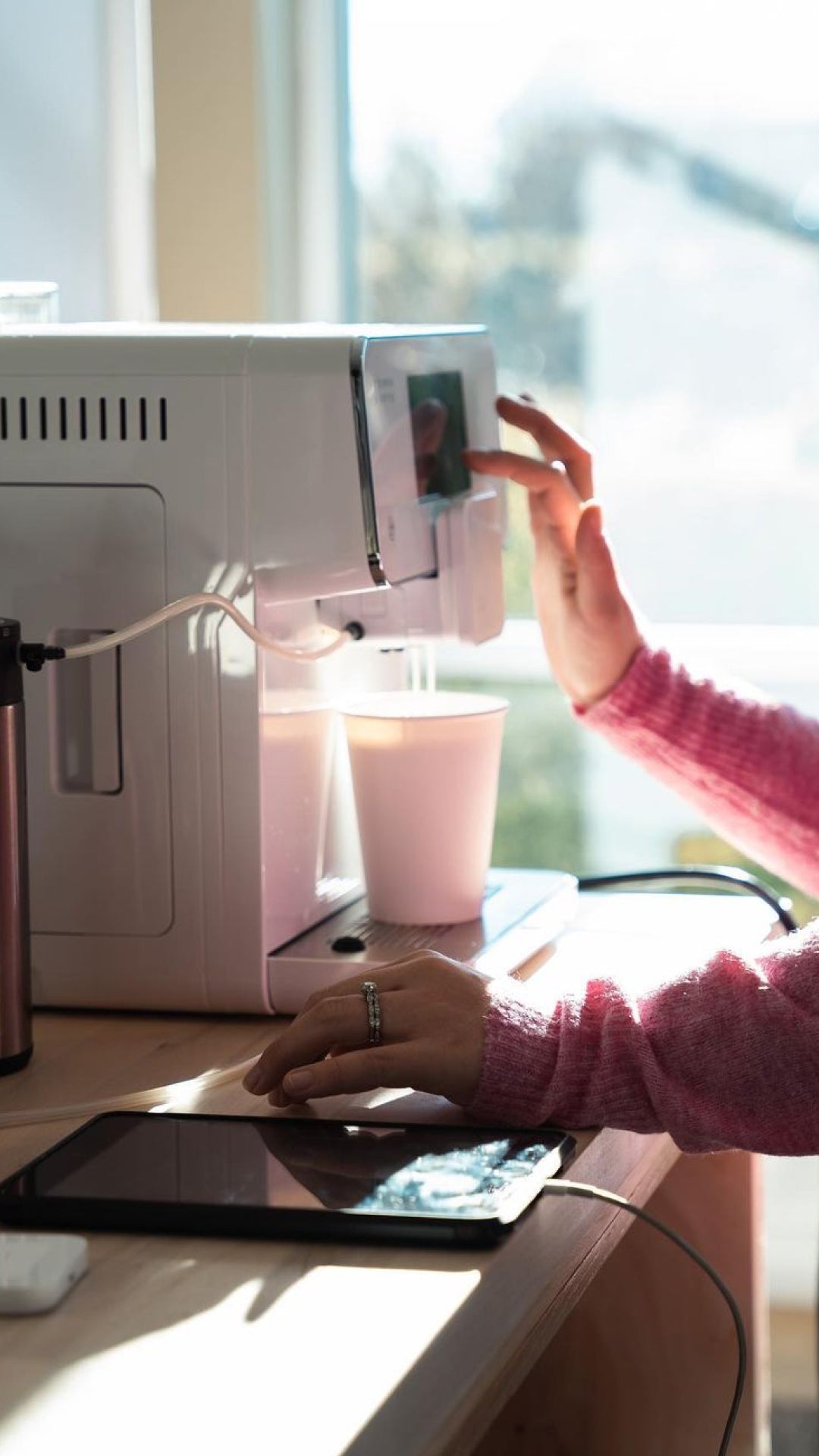 Woman steaming milk on white TK-02 