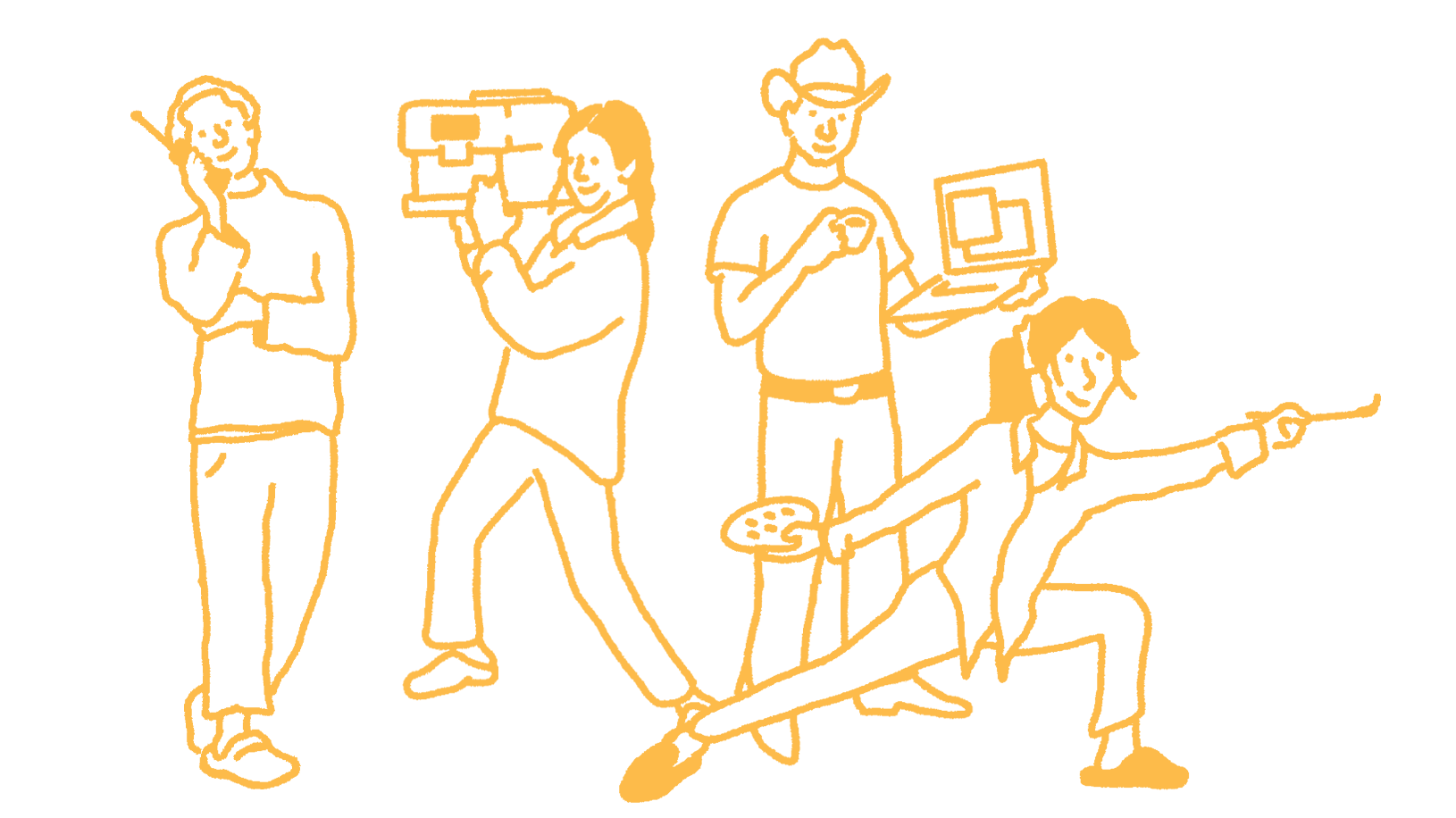 Terra Kaffe | Illustration of people doing different things such as talking on the phone, holding a TK-01, showing their laptop, and painting